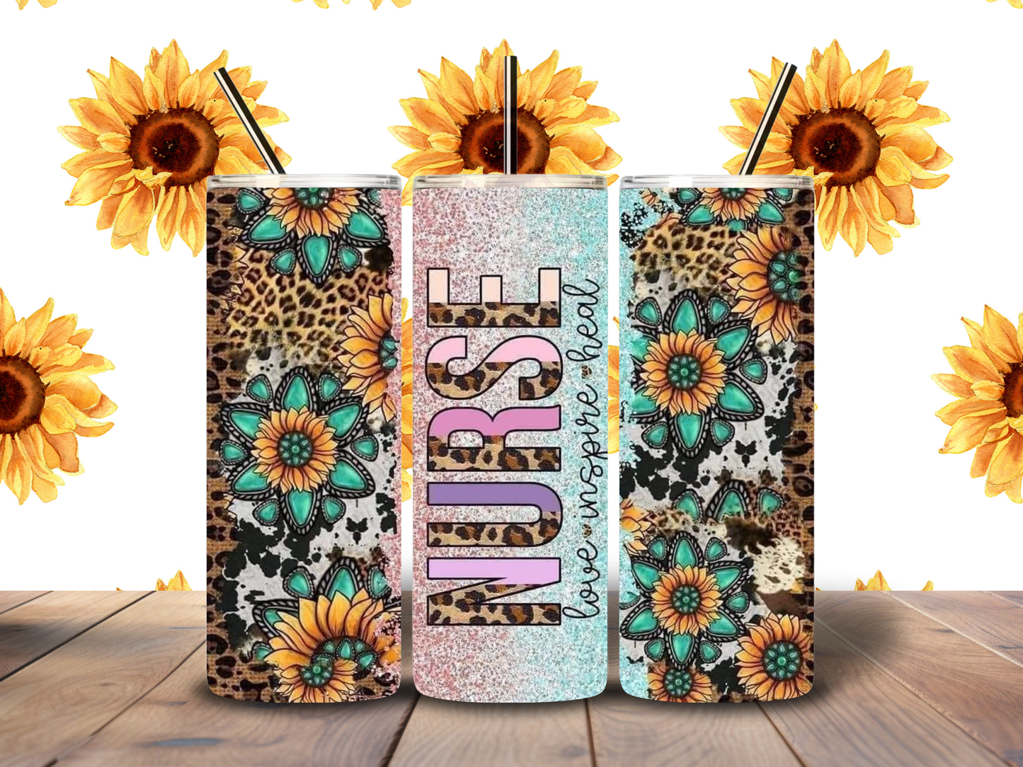 20oz "Nurse" Western Sunflower Print Tumbler