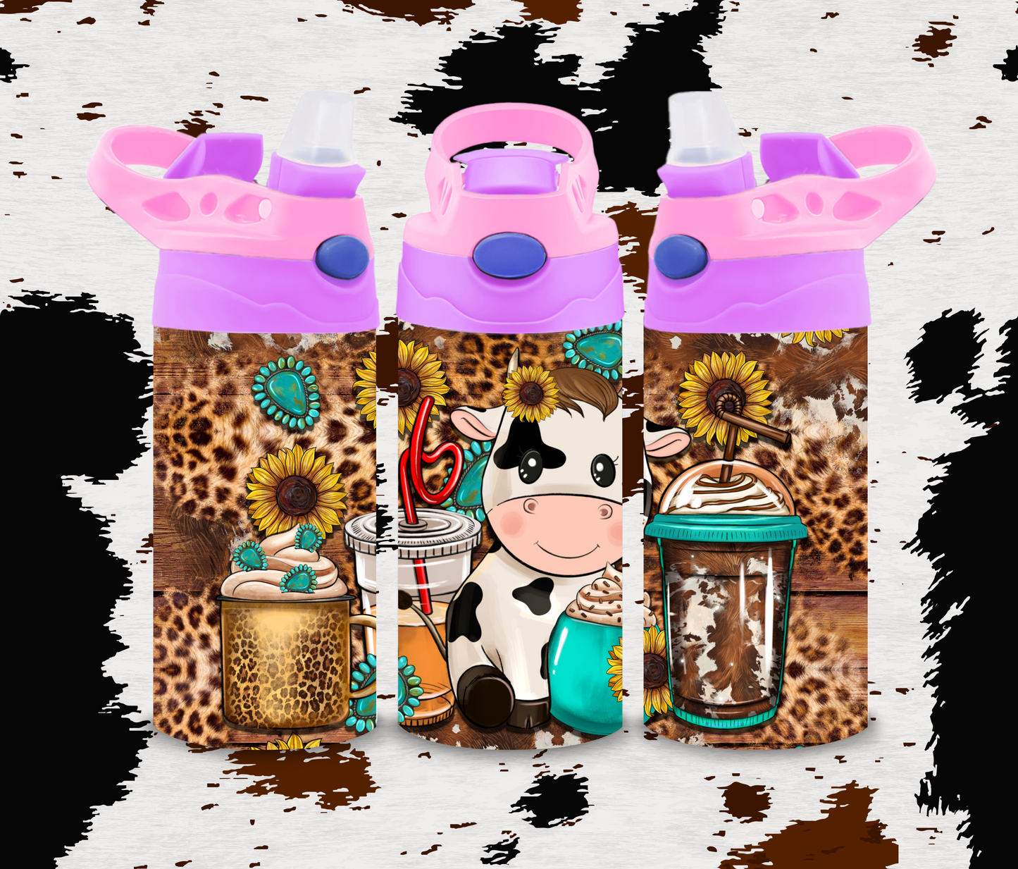 Coffee & Sunflowers Cow 12oz Flip top Water Bottle