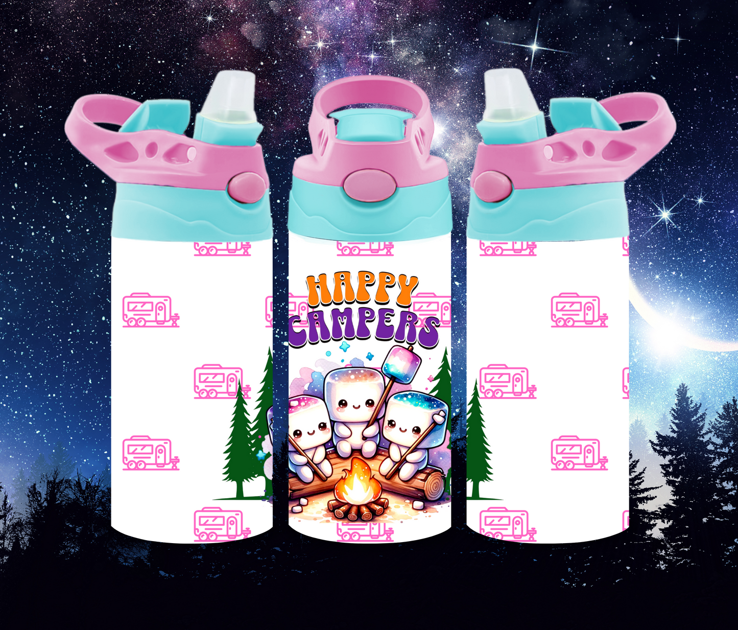 Happy Camper Pink 12oz Kids Water Bottle ( Top color will vary )