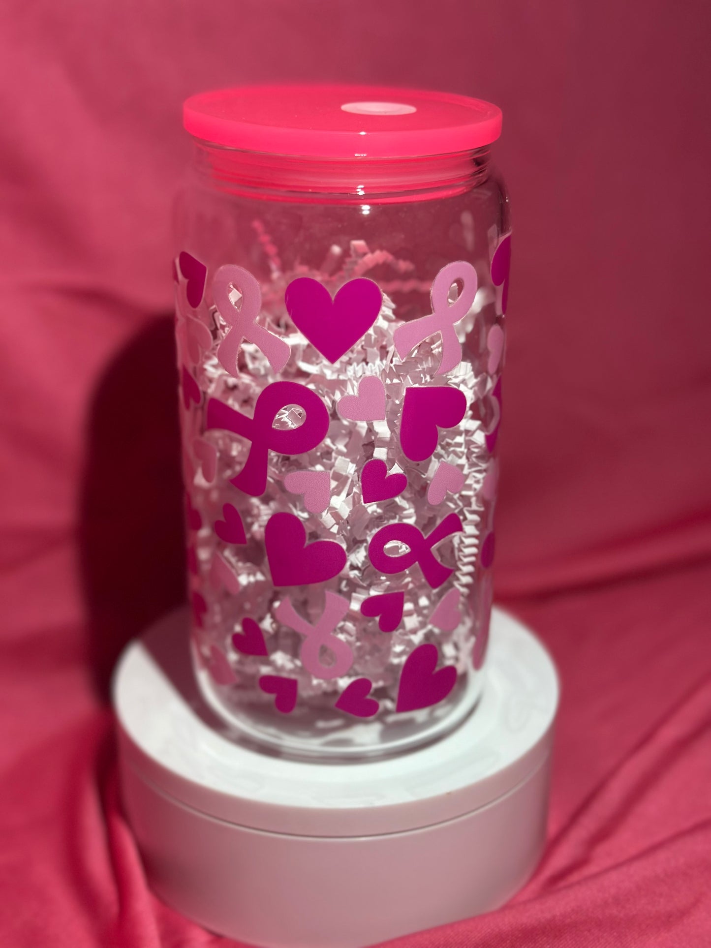 16oz Glass Can Tumbler - Breast Cancer awareness Ribbon and hearts