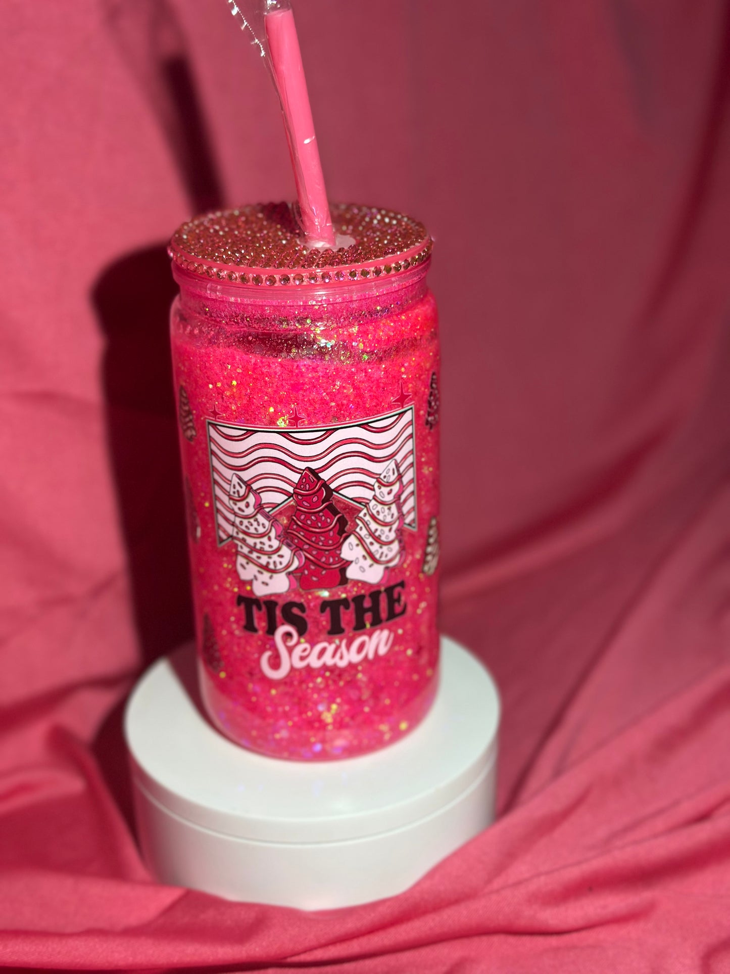 16oz Tis the Season hot pink Christmas Snow globe can