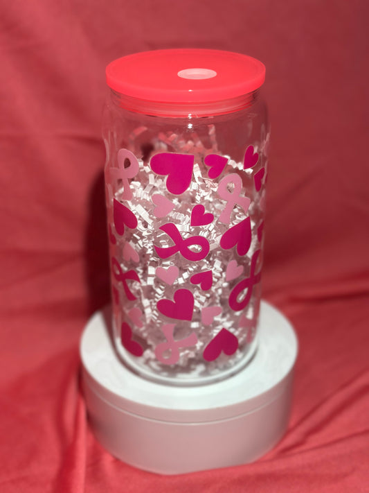 16oz Glass Can Tumbler - Breast Cancer awareness Ribbon and hearts
