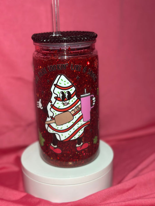 16oz “Out here Looking Like a Snack” Christmas Cake Snow globe Can