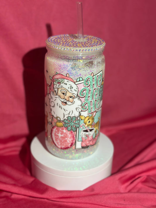 16oz Pink Santa Snow globe Can