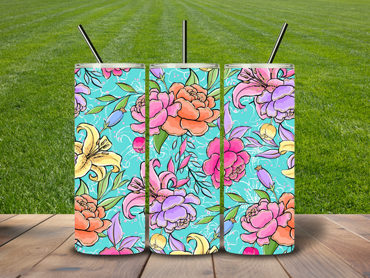 20oz Teal Tumbler with Lilys
