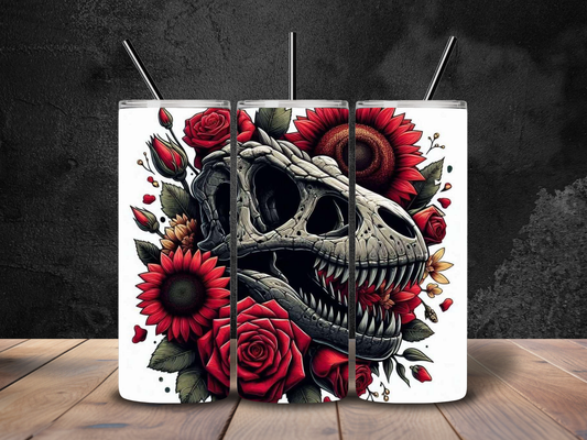 20oz T-rex Skull with Roses & Flowers Tumbler