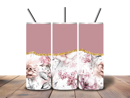 20oz Rose Pink & Flowers Tumbler