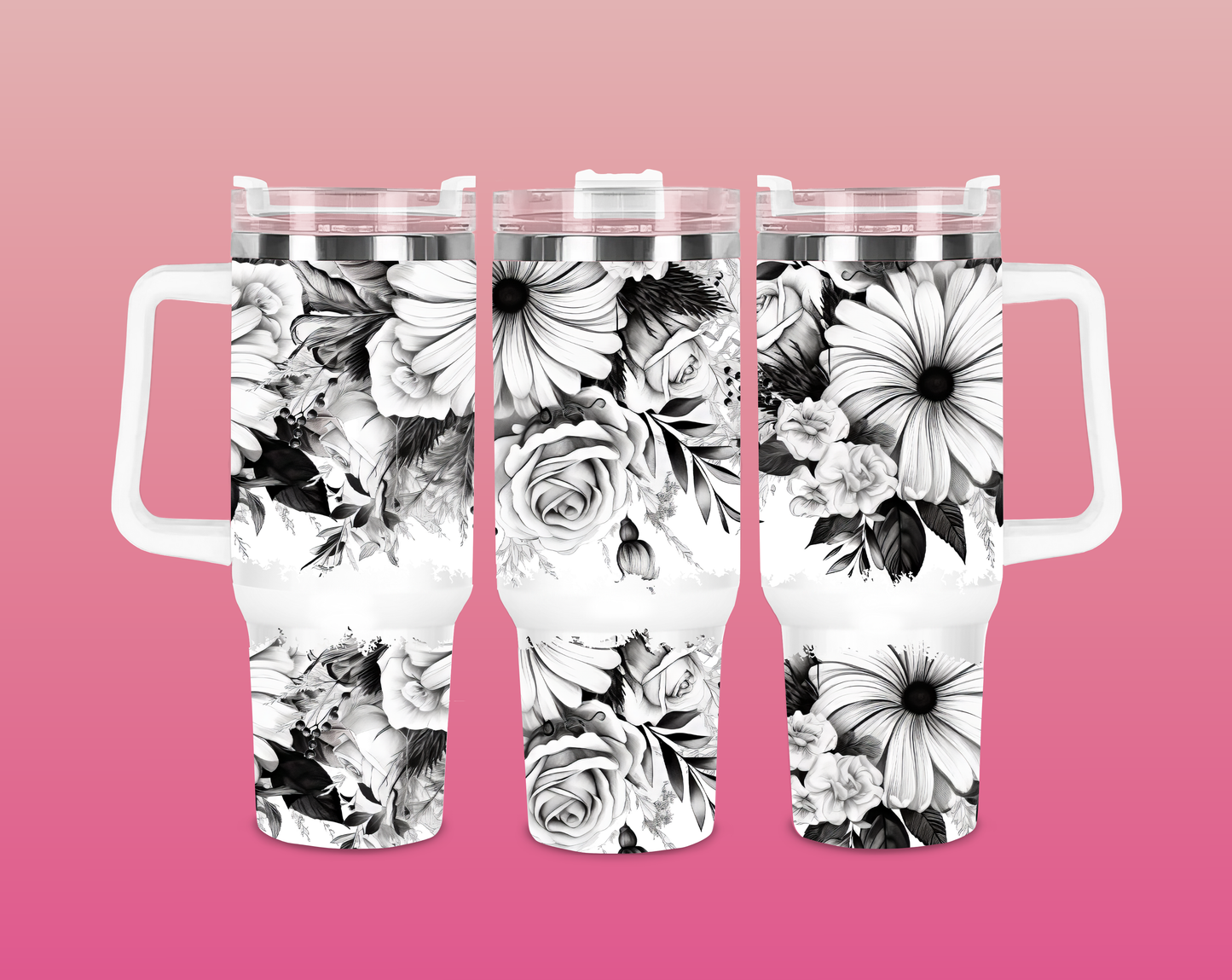 40oz Black & White Floral Tumbler