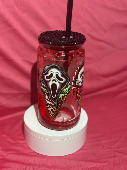 16oz Scary Ice Cream cone Snow globe can - drip effect - Bedazzled lid