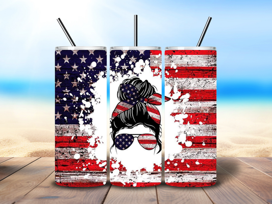 20oz American Flag Lady Messy Bun Tumbler