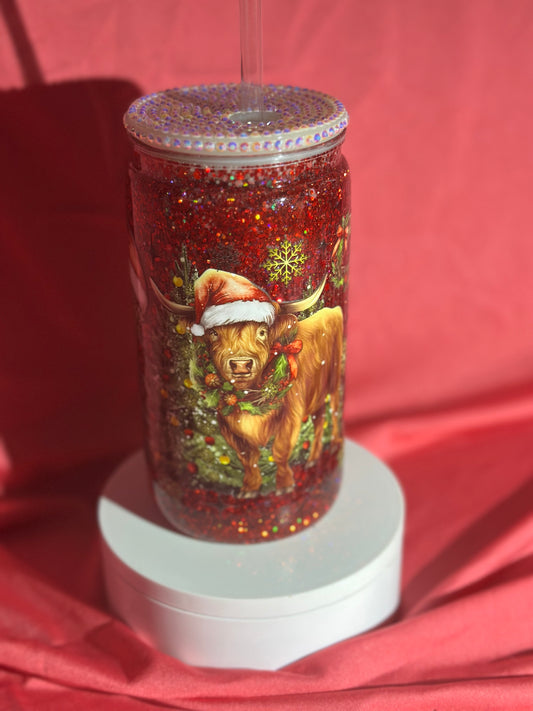 16oz Christmas Highland Cow Snow globe Can