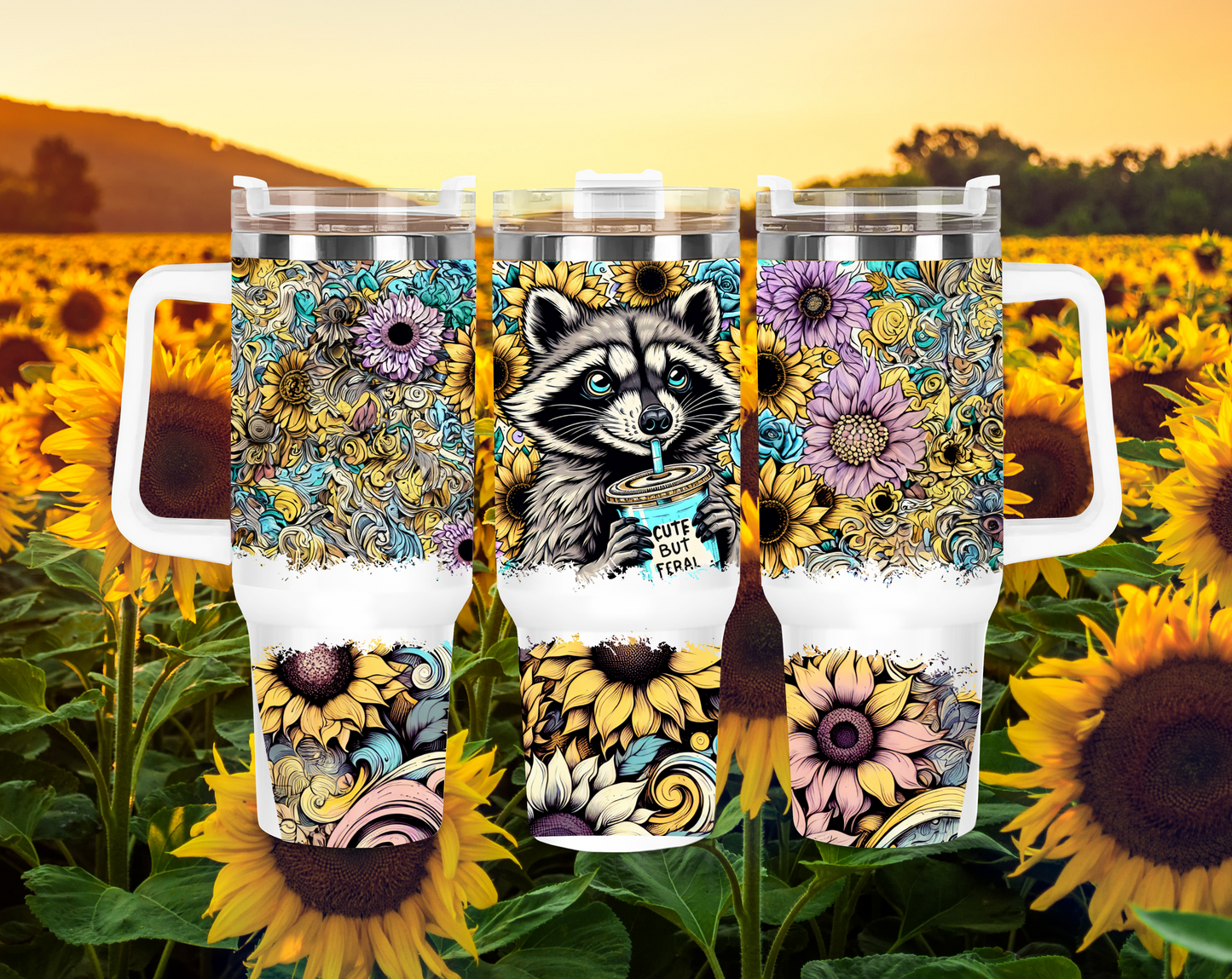 40oz "Cute But Feral" Floral Racoon Tumbler
