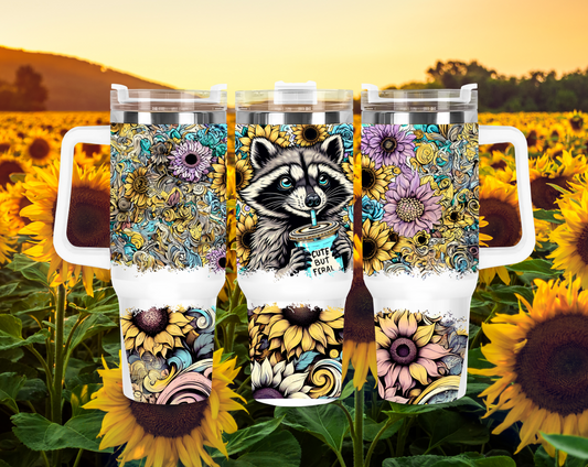 40oz "Cute But Feral" Floral Racoon Tumbler