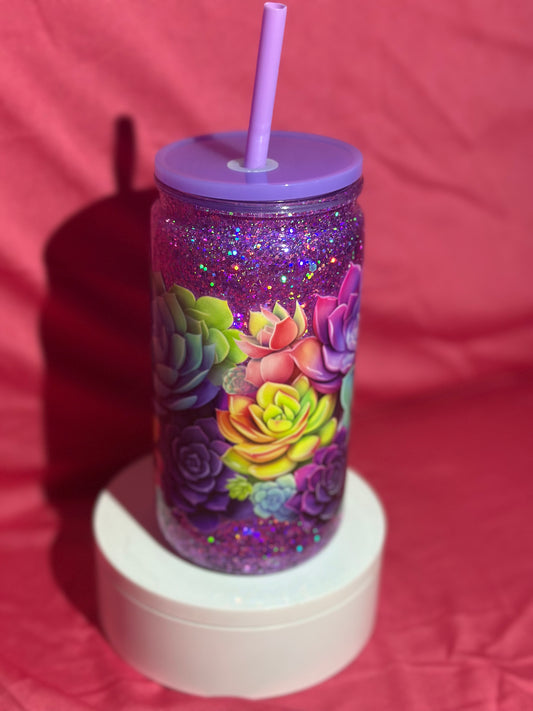 16oz Succulents & Purple Snow globe Can