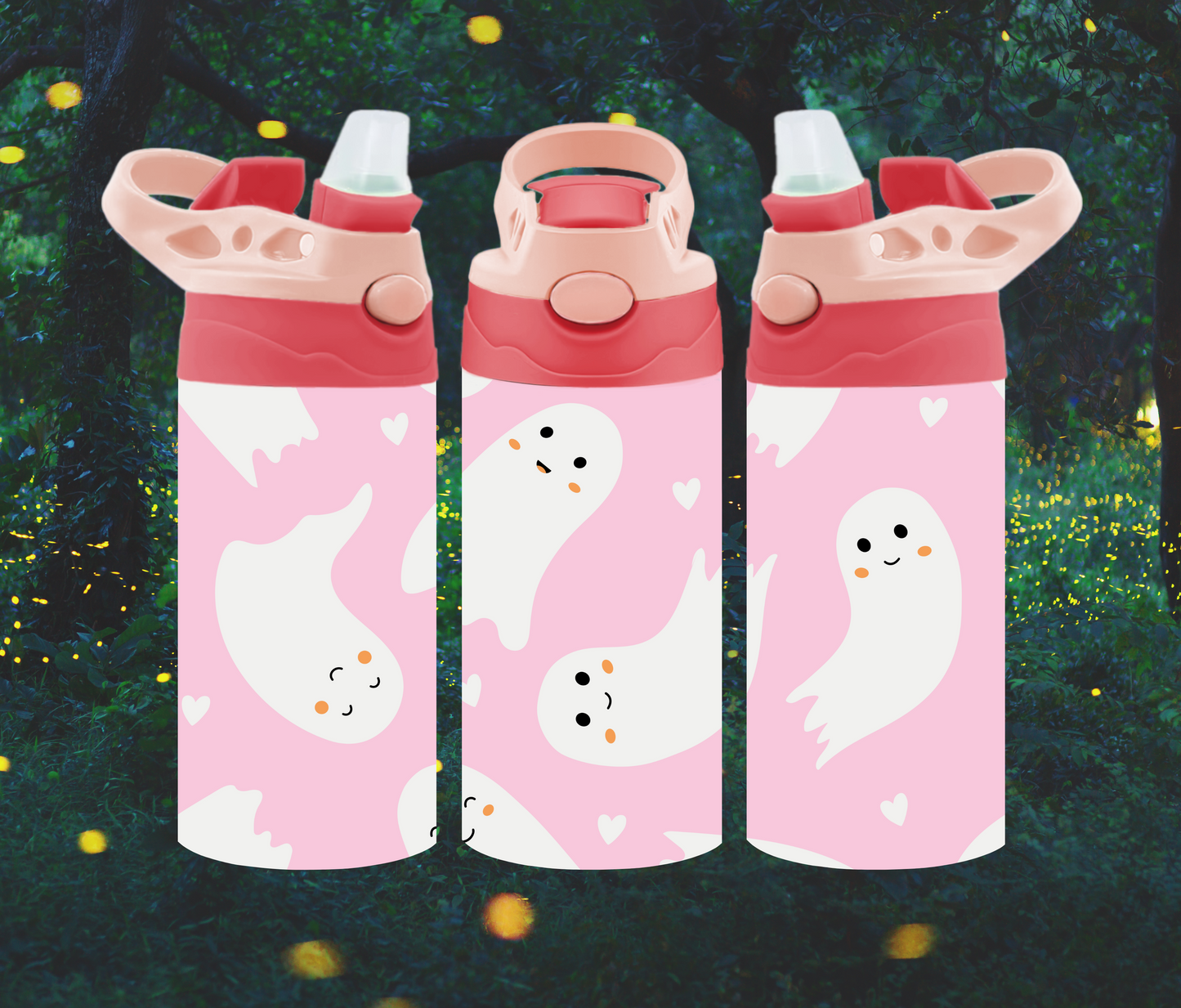 12oz Happy Little Ghosts ( Pink ) Flip Top Water Bottle